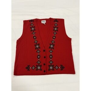Vtg Koret 90s Sweater Vest Red Wool Knit Button Down Embroidered Sz Small Petite
